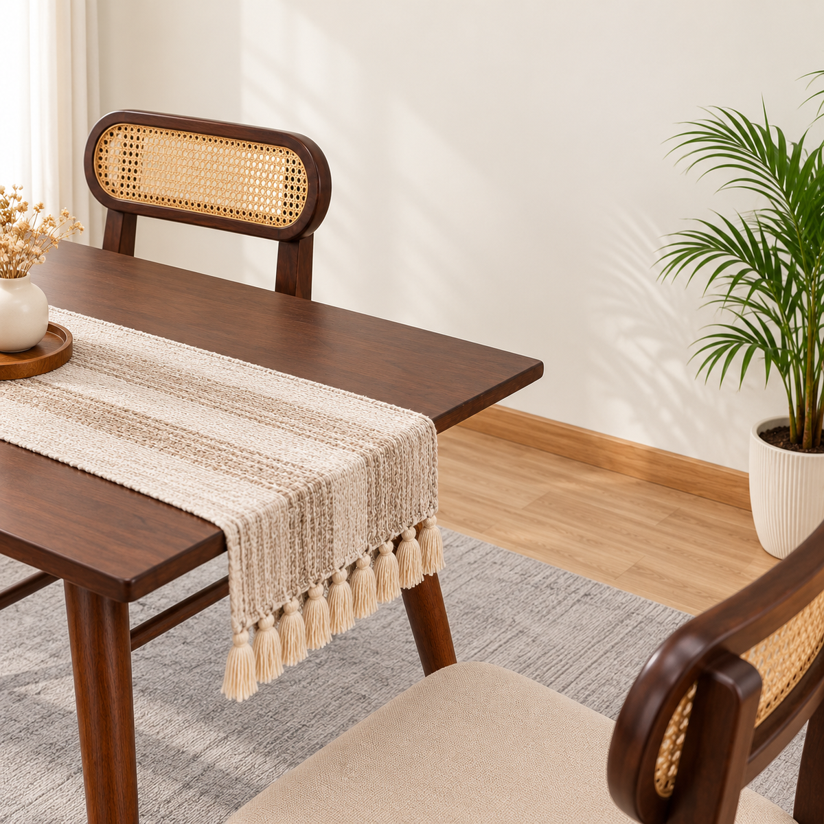 Ashton Solid Wood Rattan Cane Dining Table 4 Seater Set