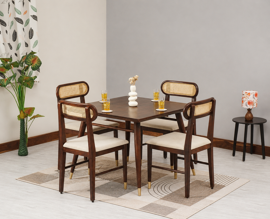 Ashton Solid Wood Rattan Cane Squre Dining Table Set -4 Seater 