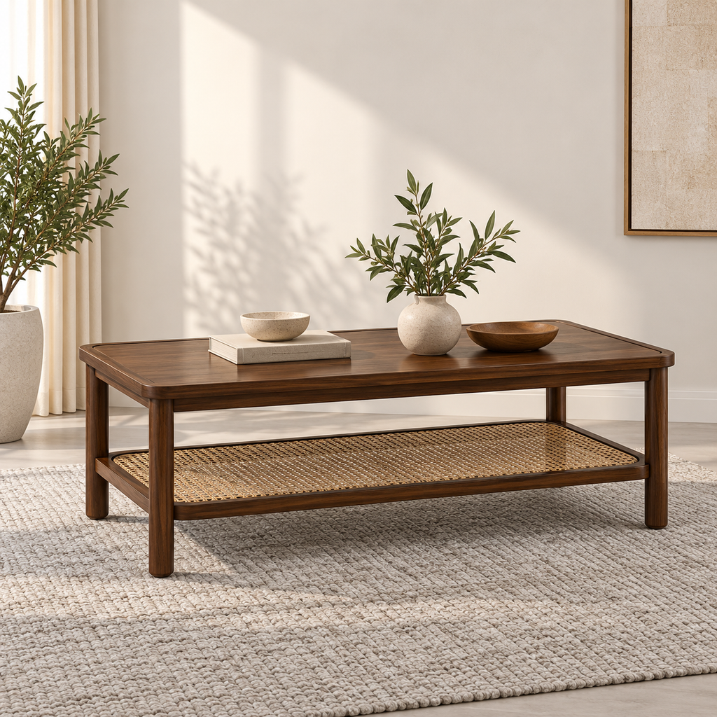 Braxton Contemporary Solid Wood Coffee Table with Handwoven Cane Shelf