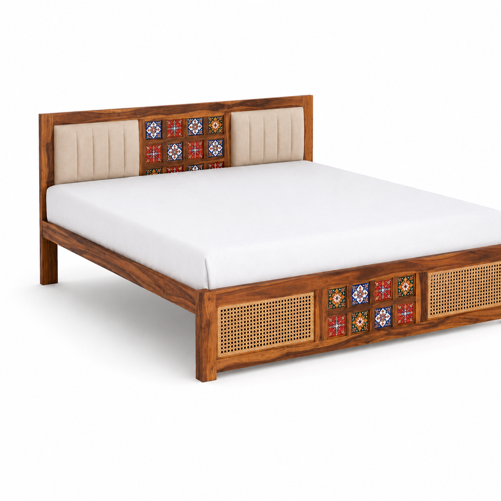 Premium Sheesham Wood Upholstered Bed with Handcrafted Ceramic Tile & Cane Panels