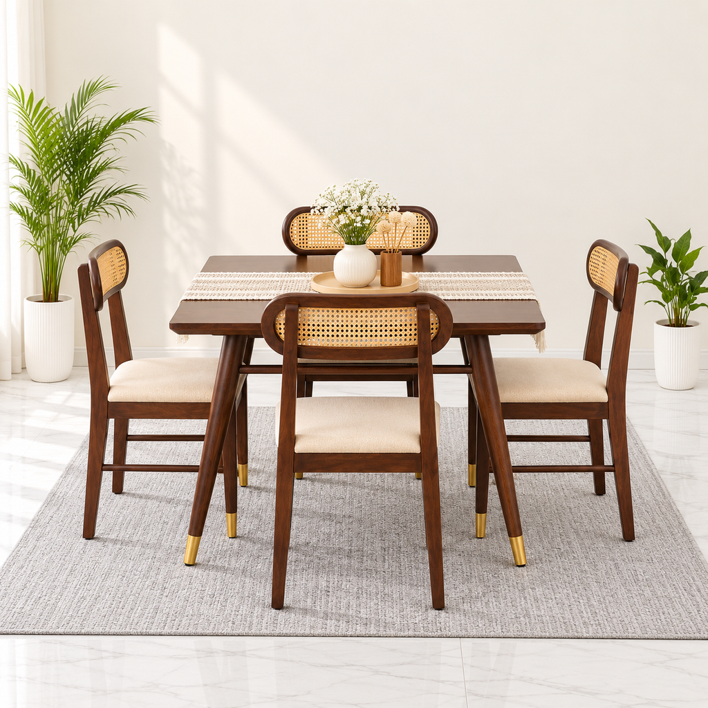 Ashton Solid Wood Rattan Cane Squre Dining Table 4 Seater 