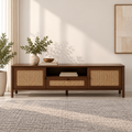 Braxton Contemporary Solid Wood TV Unit with Handwoven Cane Doors and Drawer
