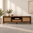 Braxton Contemporary Solid Wood TV Unit with Handwoven Cane Doors and Drawer