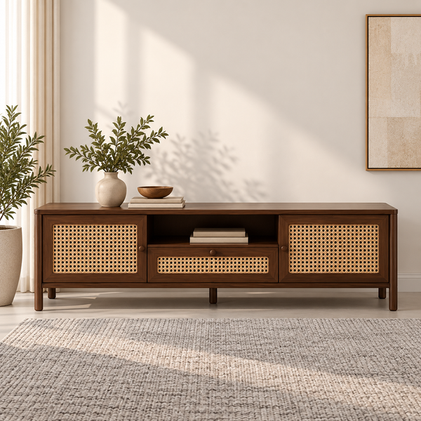 Braxton Contemporary Solid Wood TV Unit with Handwoven Cane Doors and Drawer