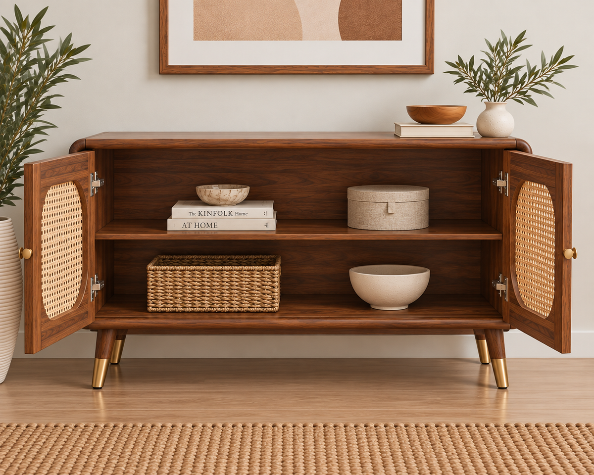 Modern Sheesham Wood 2 door Sideboard with Handwoven Cane Panel