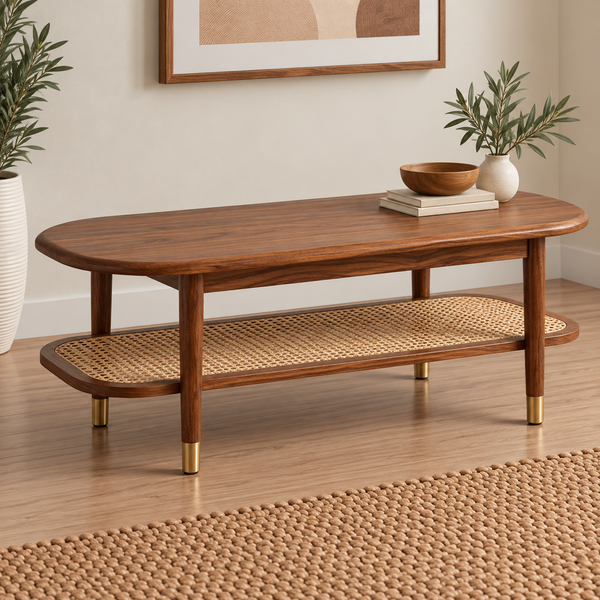 Modern Sheesham Wood Cane Shelf Coffee Table