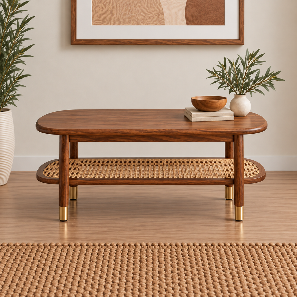 Modern Sheesham Wood Cane Shelf Coffee Table