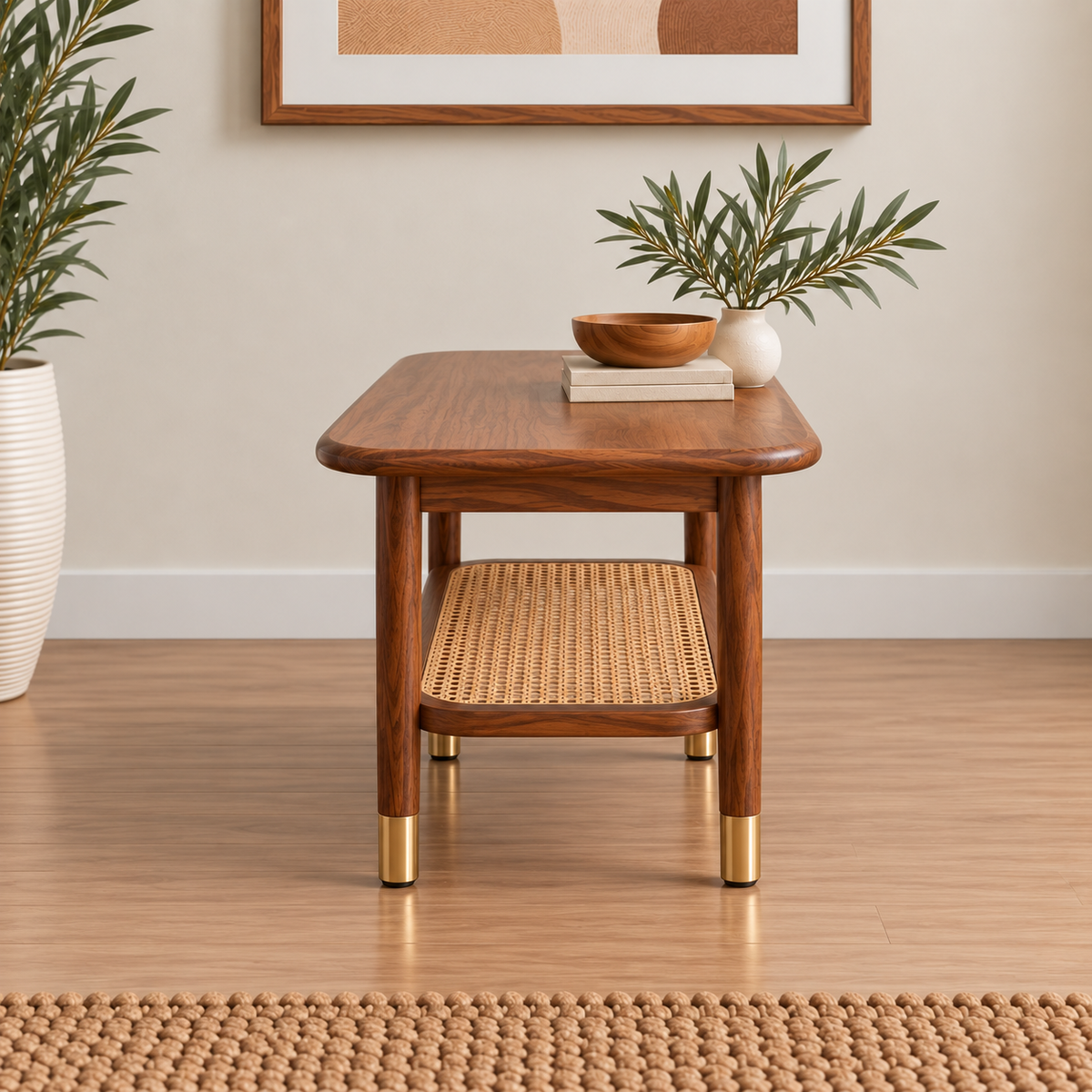Modern Sheesham Wood Cane Shelf Coffee Table