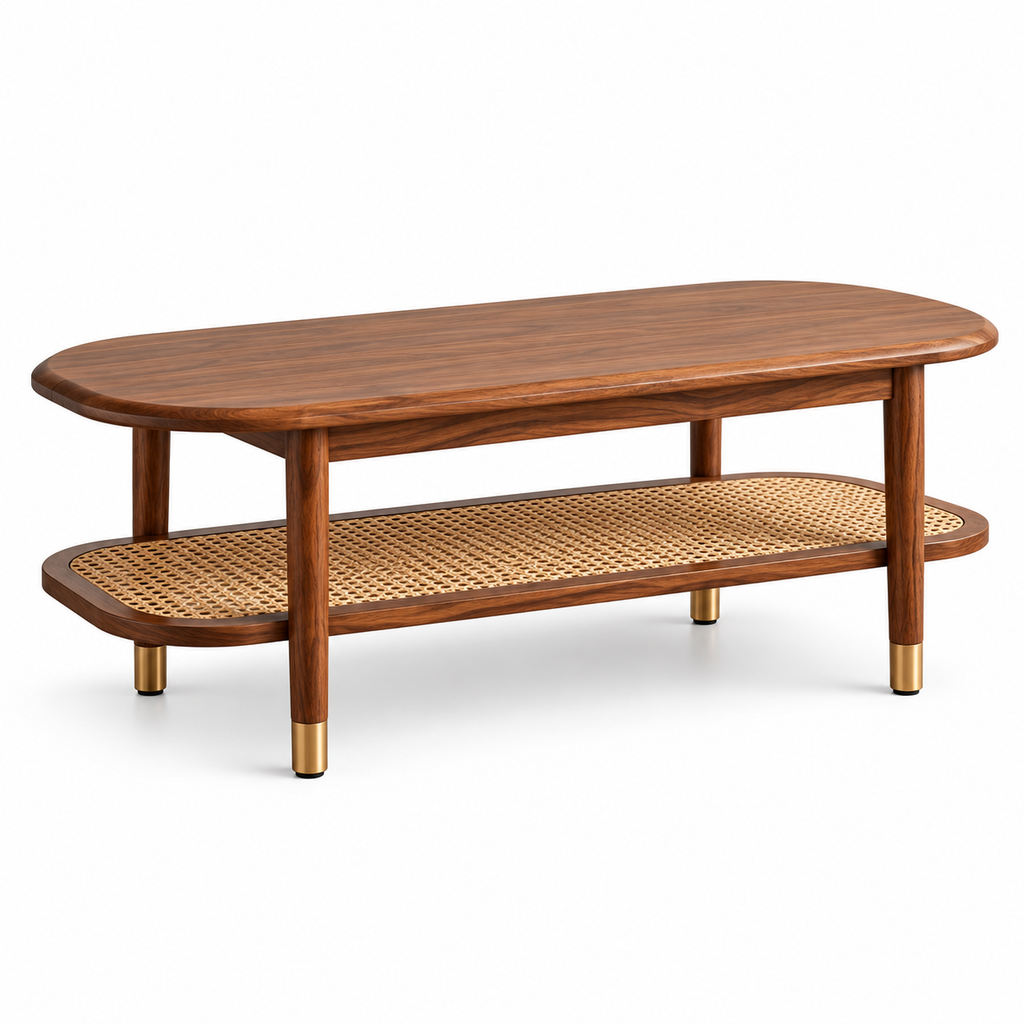Modern Sheesham Wood Cane Shelf Coffee Table