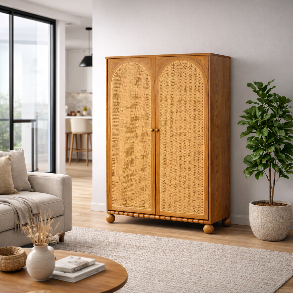 Valencia Rattan Mid-Century Wooden Cane Cabinet | Mamta Handicraft