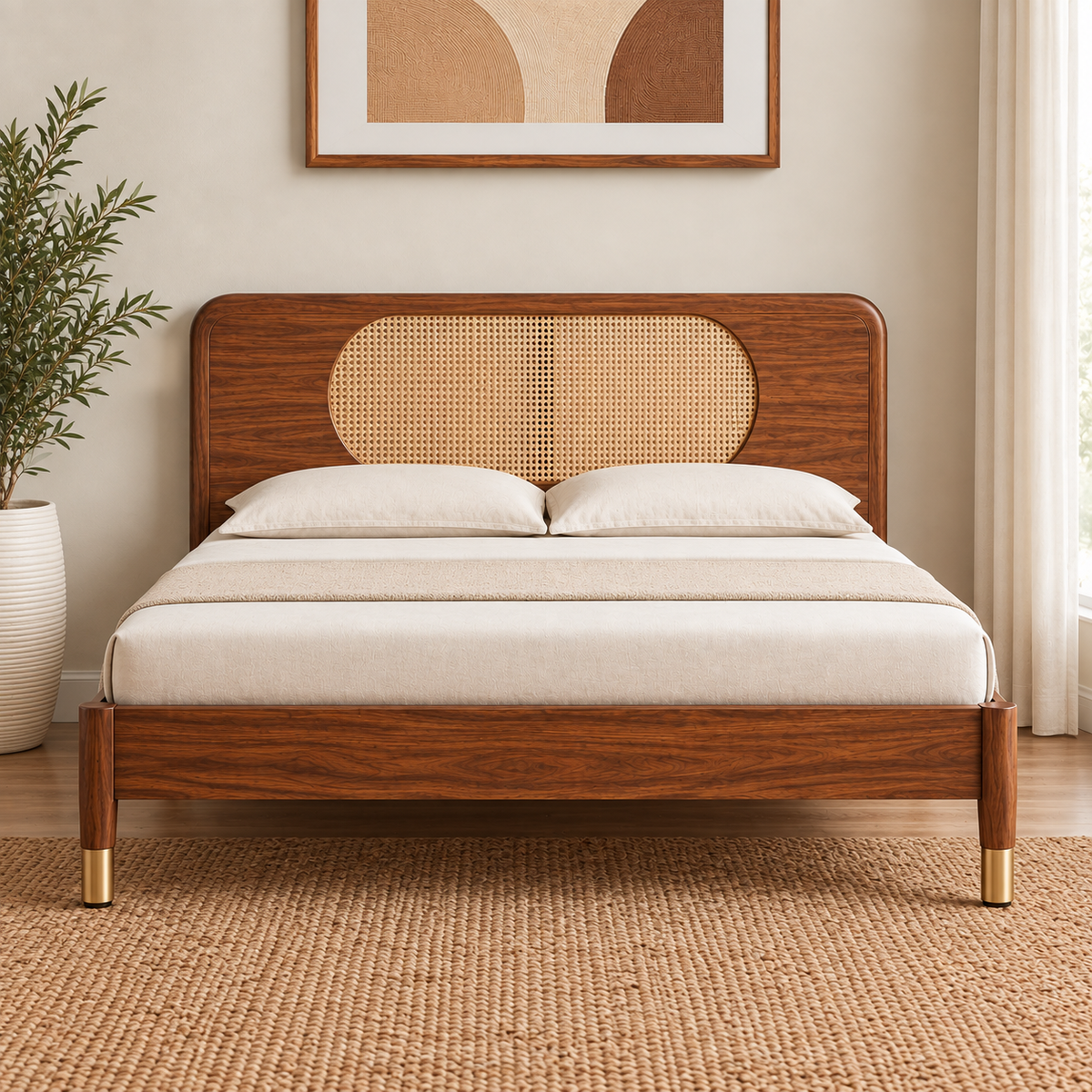 Modern Sheesham Wood Haven Bed with Handwoven Cane Headboard