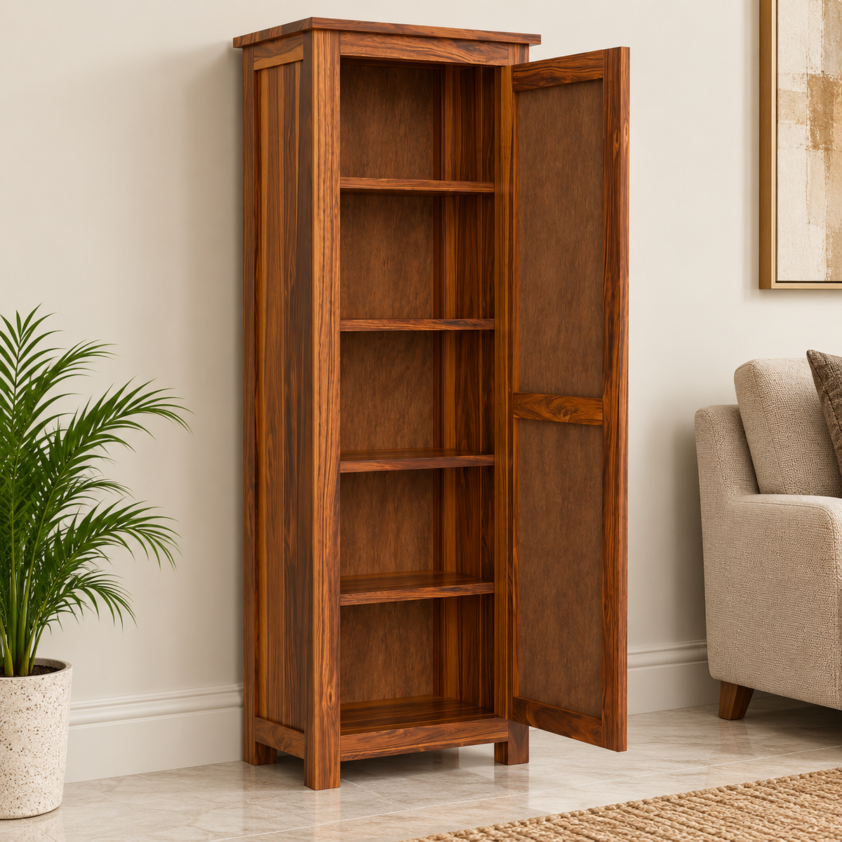 Modern Sheesham Wood Tall Cabinet with Cane Doors