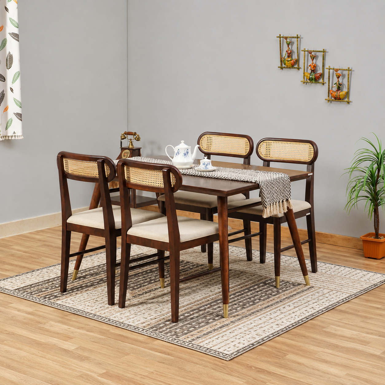 Ashton Solid Wood Rattan Cane Dining Table 4 Seater Set