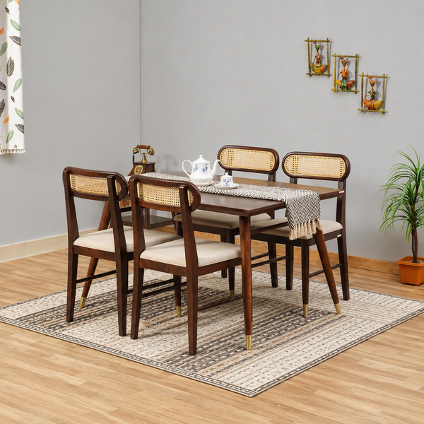 Ashton Solid Wood Rattan Cane Dining Table 4 Seater Set
