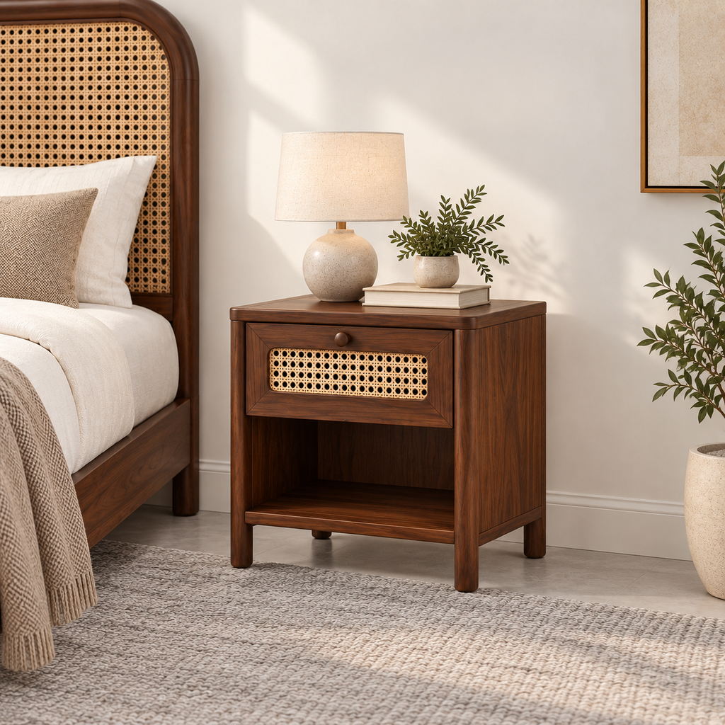 Braxton Contemporary Solid Wood Bedside Table with Handwoven Cane Drawer