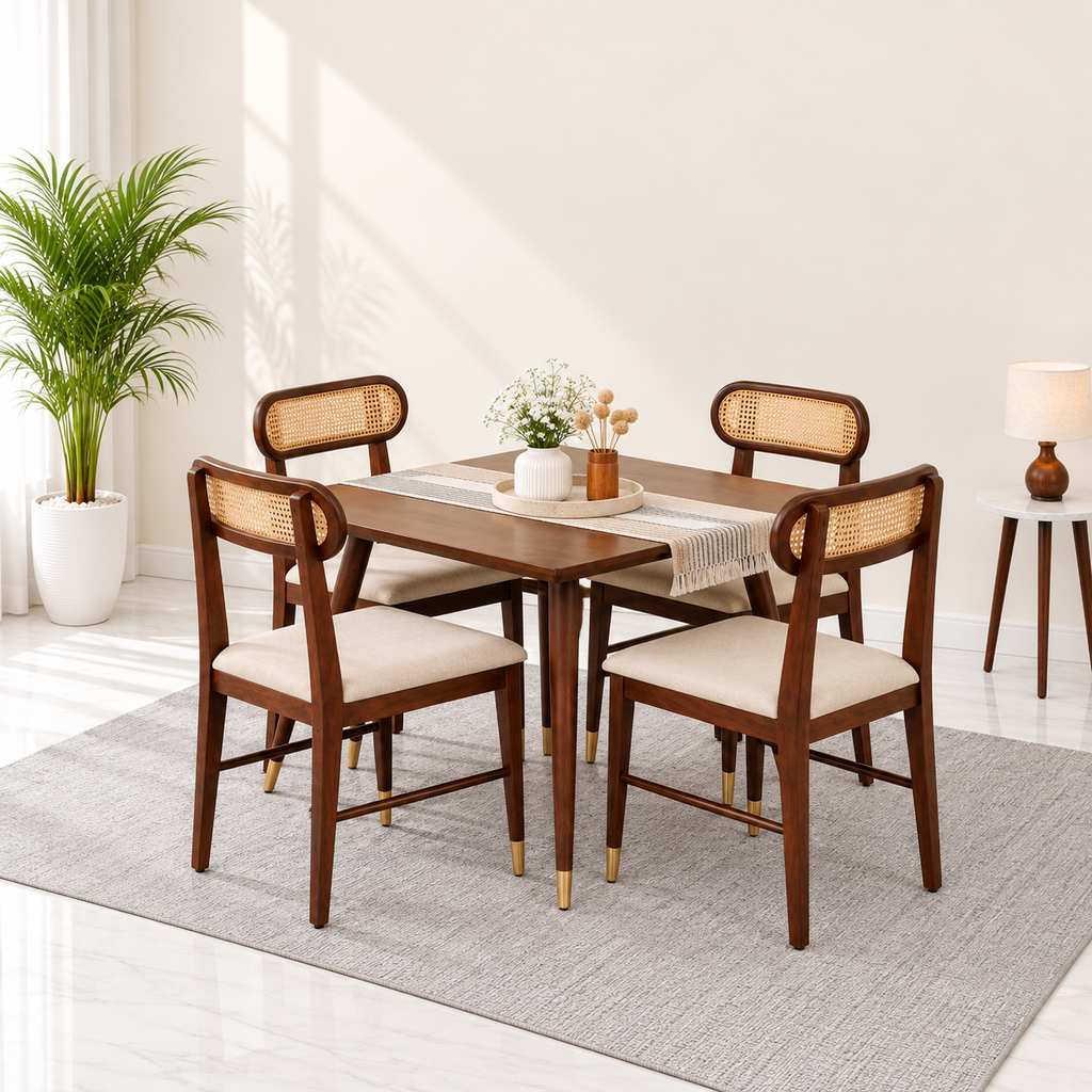 Ashton Solid Wood Rattan Cane Squre Dining Table 4 Seater 