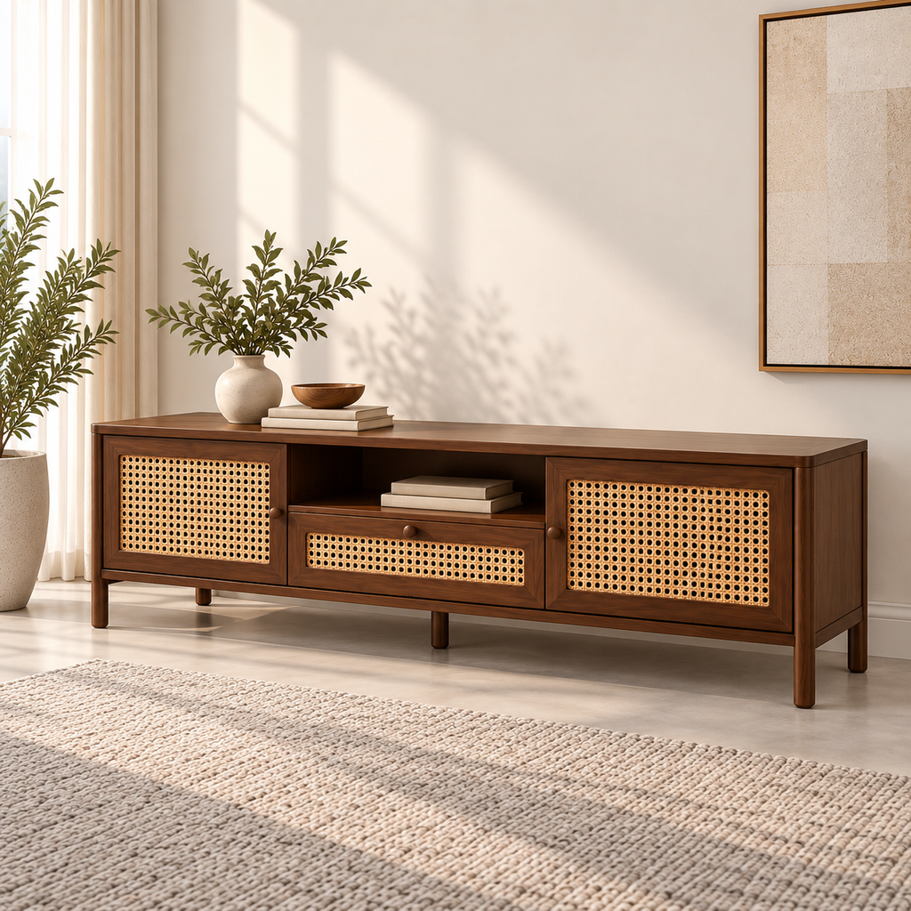 Braxton Contemporary Solid Wood TV Unit with Handwoven Cane Doors and Drawer