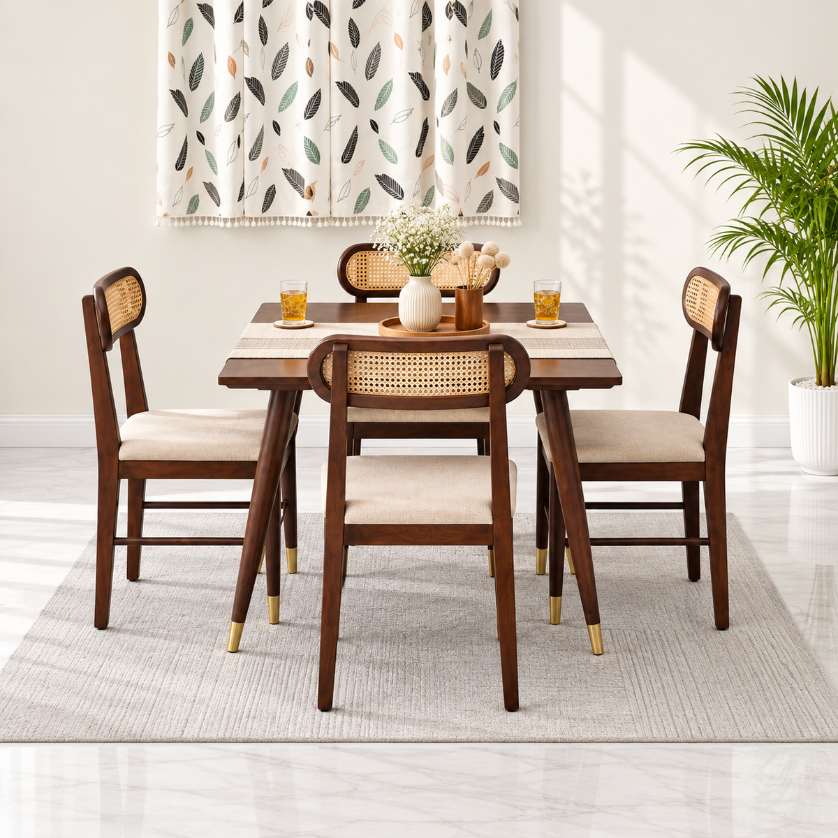 Ashton Solid Wood Rattan Cane Squre Dining Table Set -4 Seater 