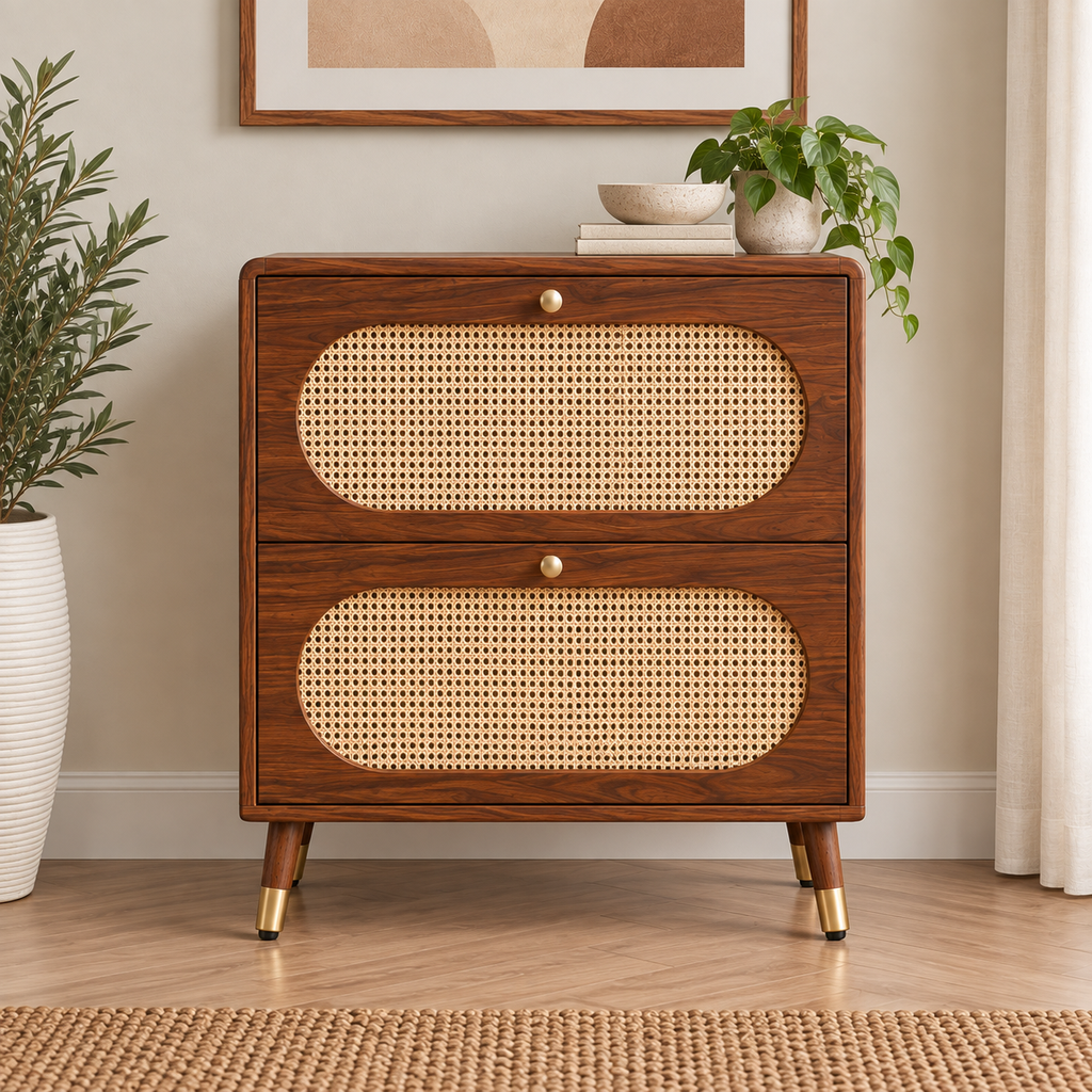 Modern Sheesham Wood Shoe Rack with Handwoven Cane Panels