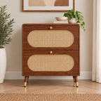 Modern Sheesham Wood Shoe Rack with Handwoven Cane Panels