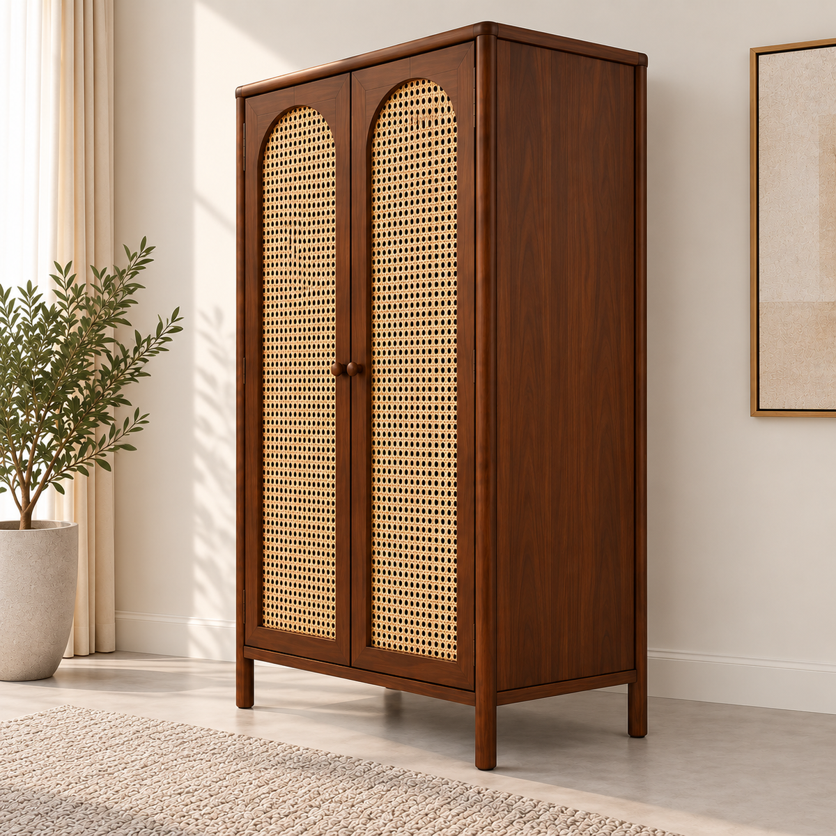 Braxton Contemporary Solid Wood 2-Door Wardrobe with Arched Handwoven Cane Panels