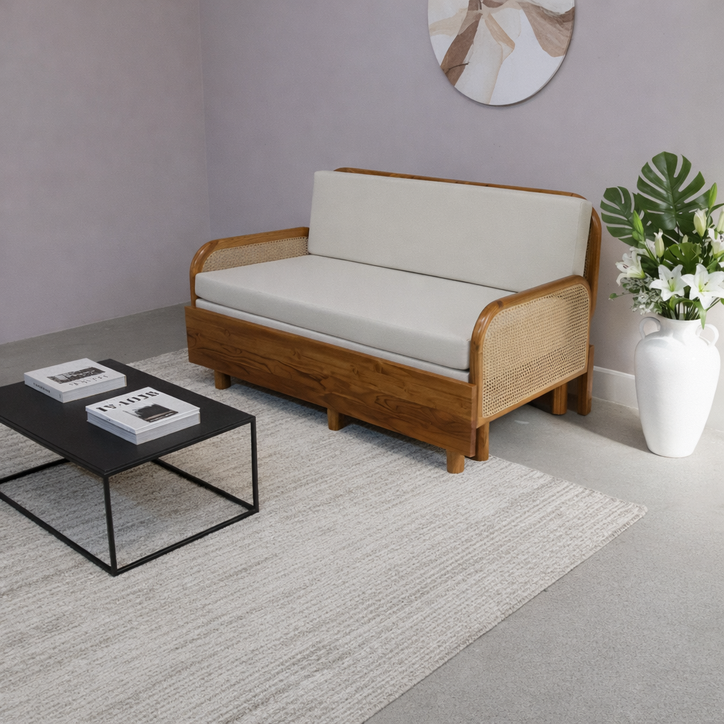Natural Teak Wood Cane Wooden Convertible Sofa-Cum-Bed