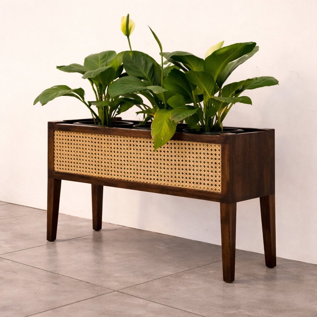 Mid-Century Walnut Wood Planter with Cane Panel | Mamta Handicraft