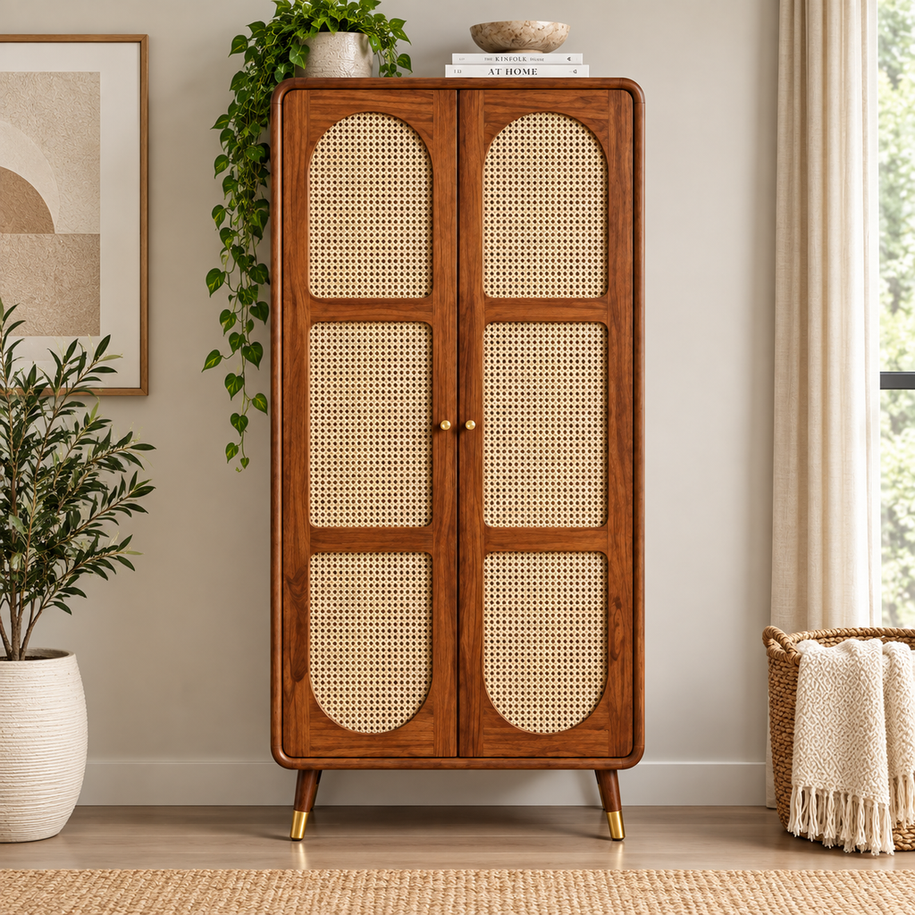 Modern Sheesham Wood Arched Cane Door Wardrobe