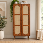 Modern Sheesham Wood Arched Cane Door Wardrobe