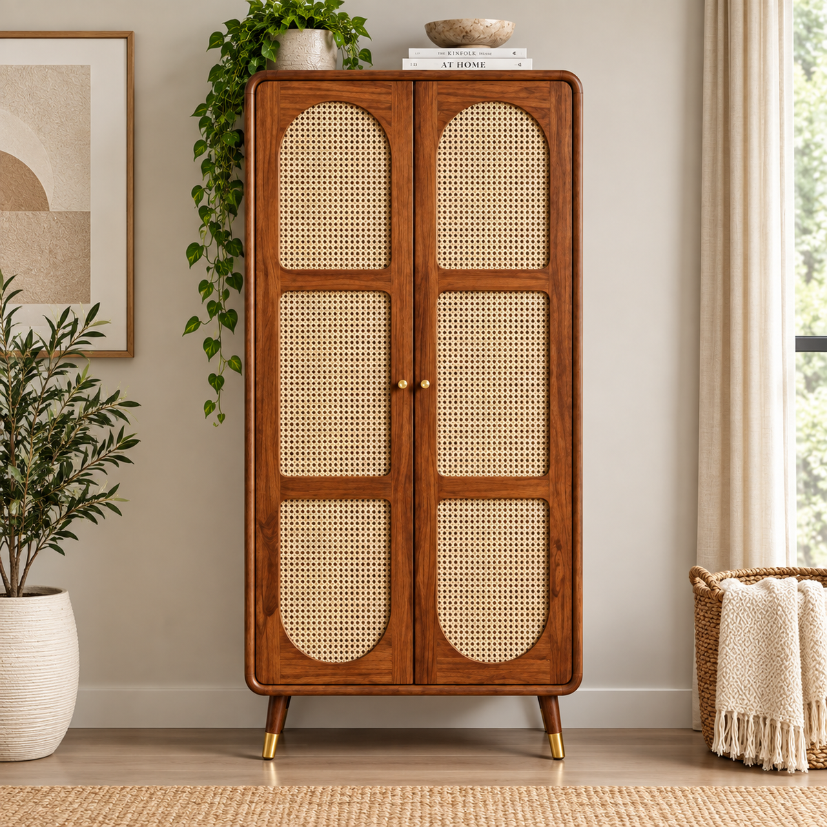 Modern Sheesham Wood Arched Cane Door Wardrobe