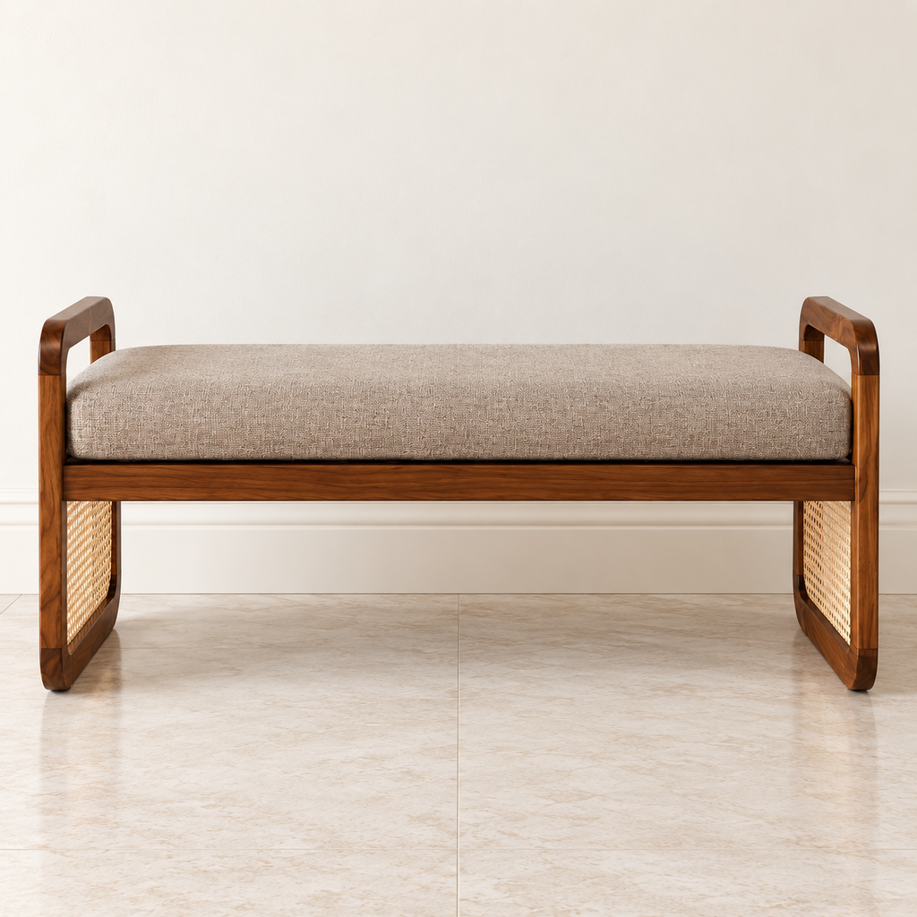 Walnut Frame Upholstered Cane Bench