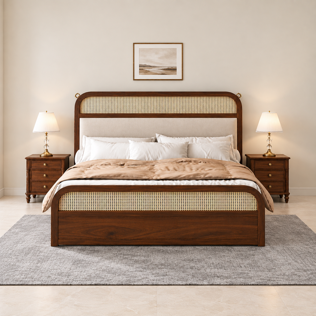 Milano Classic Wooden Bed with Upholstered Headboard