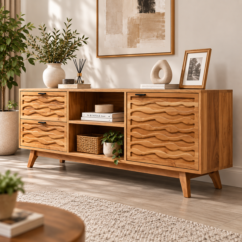 Modern Wooden Media Console with Wave-Carved Fronts