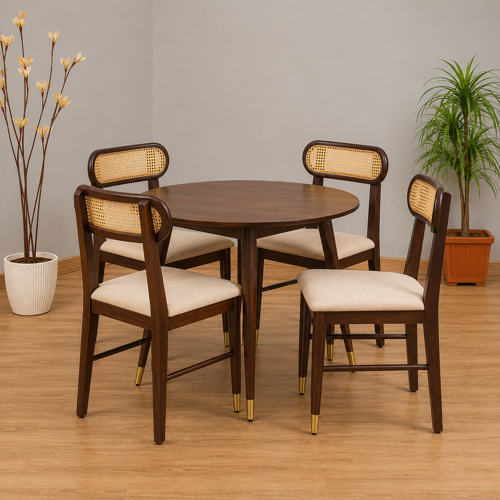 Ashton Solid Wood Rattan Cane Round Dining Table 4 Seater 