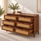 Braxton Contemporary Solid Wood 6-Drawer Dresser with Handwoven Cane Panels