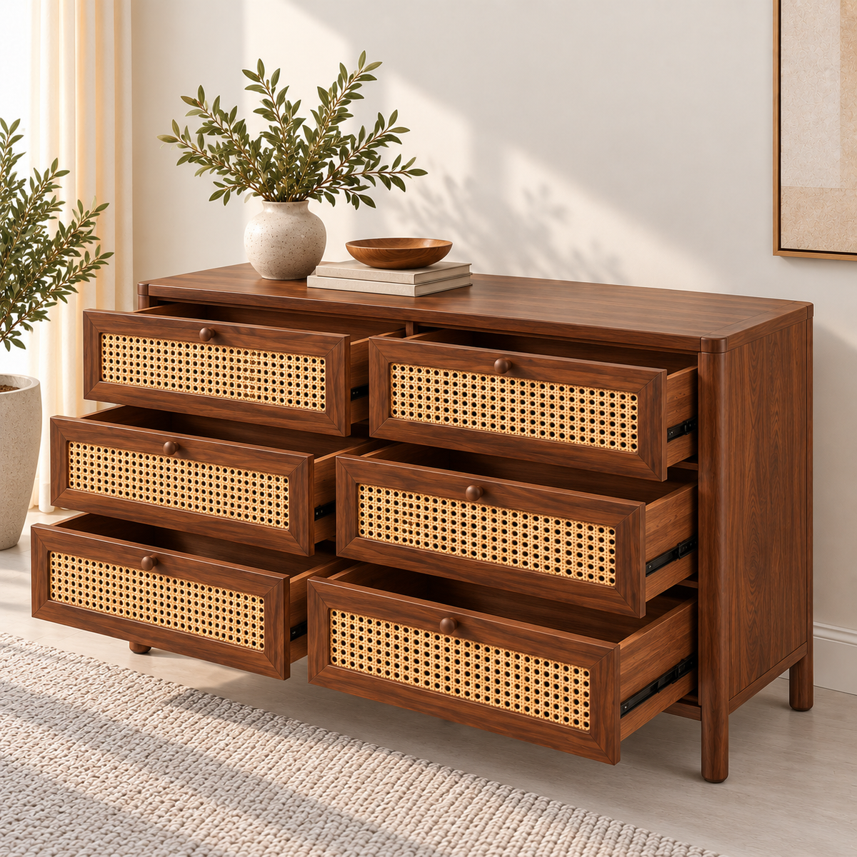 Braxton Contemporary Solid Wood 6-Drawer Dresser with Handwoven Cane Panels
