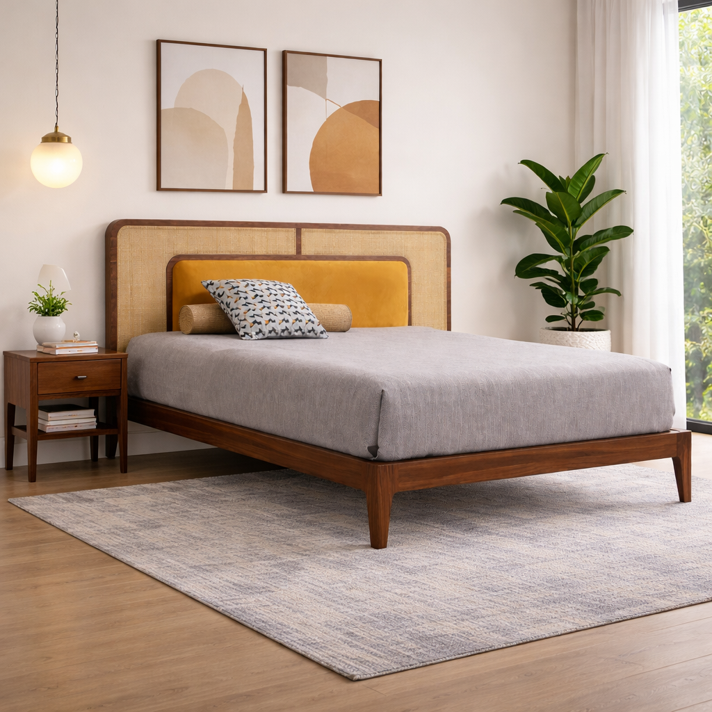 Cane Upholstered Bed Front View | Mamta Handicraft