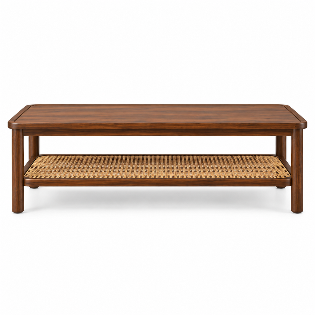 Braxton Contemporary Solid Wood Coffee Table with Handwoven Cane Shelf