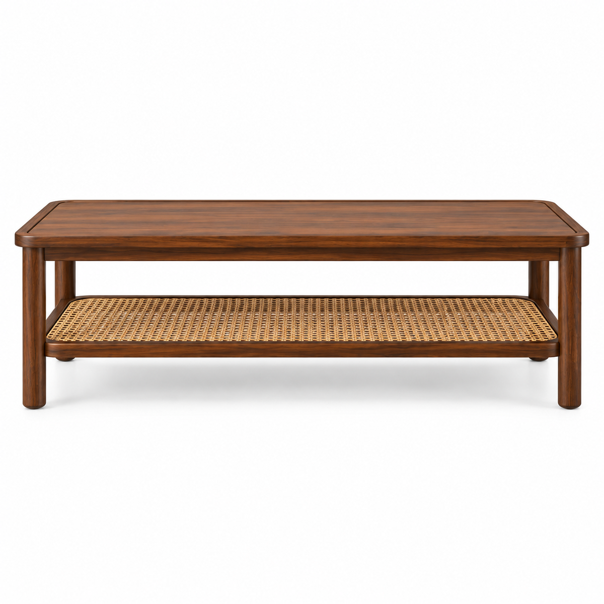 Braxton Contemporary Solid Wood Coffee Table with Handwoven Cane Shelf