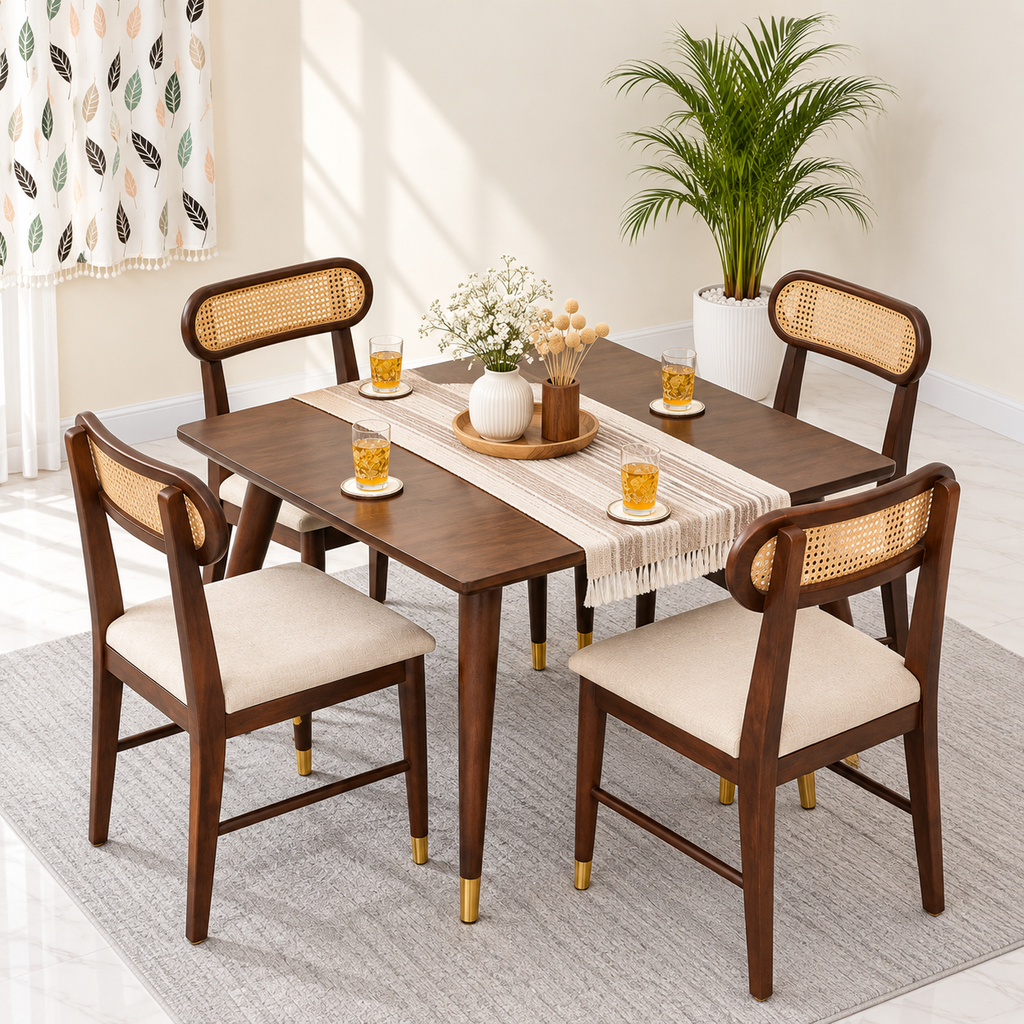 Ashton Solid Wood Rattan Cane Squre Dining Table Set -4 Seater 