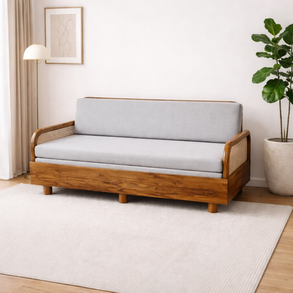 Natural Teak Wood Cane Wooden Convertible Sofa-Cum-Bed