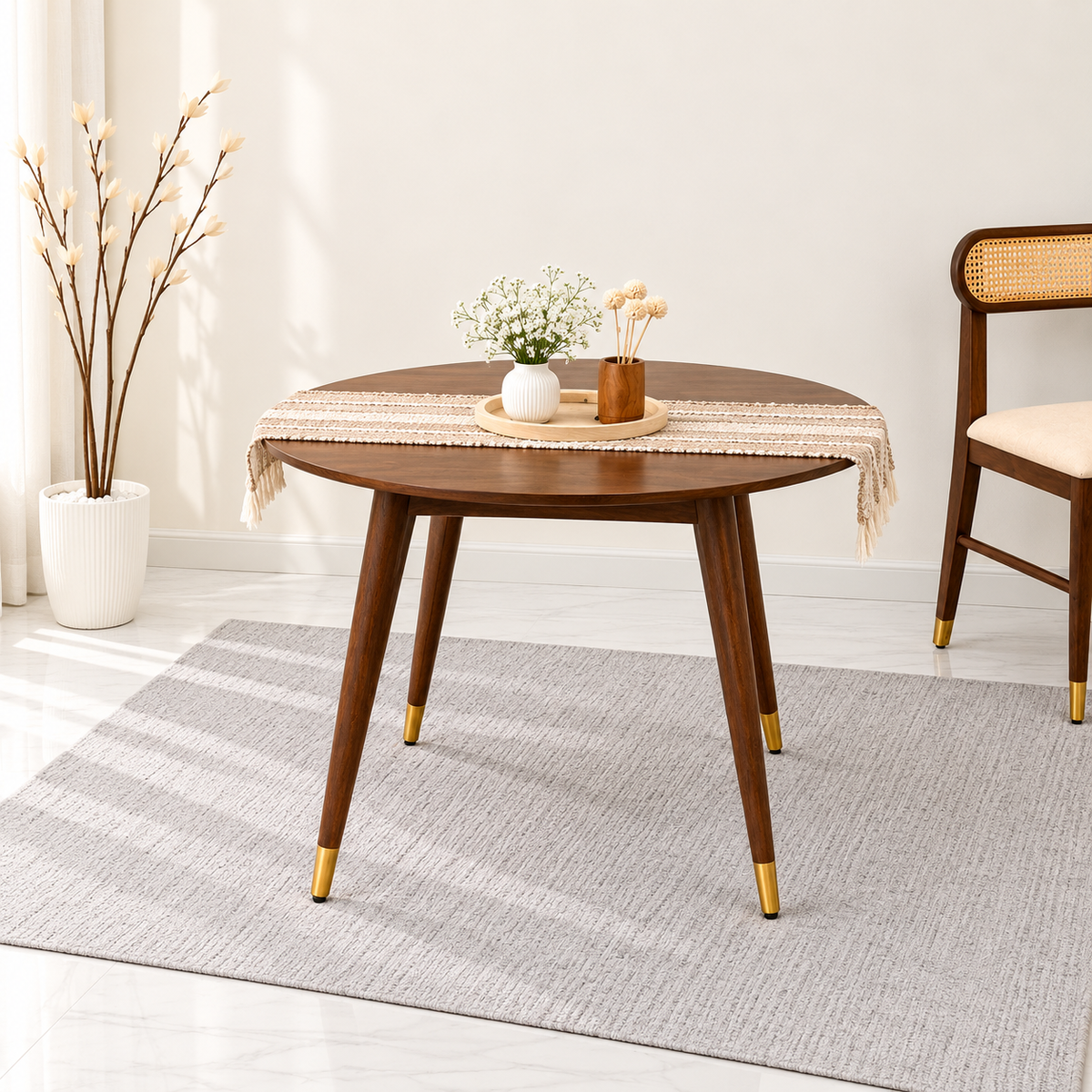 Ashton Solid Wood Rattan Cane Round Dining Table Set-4 Seater  