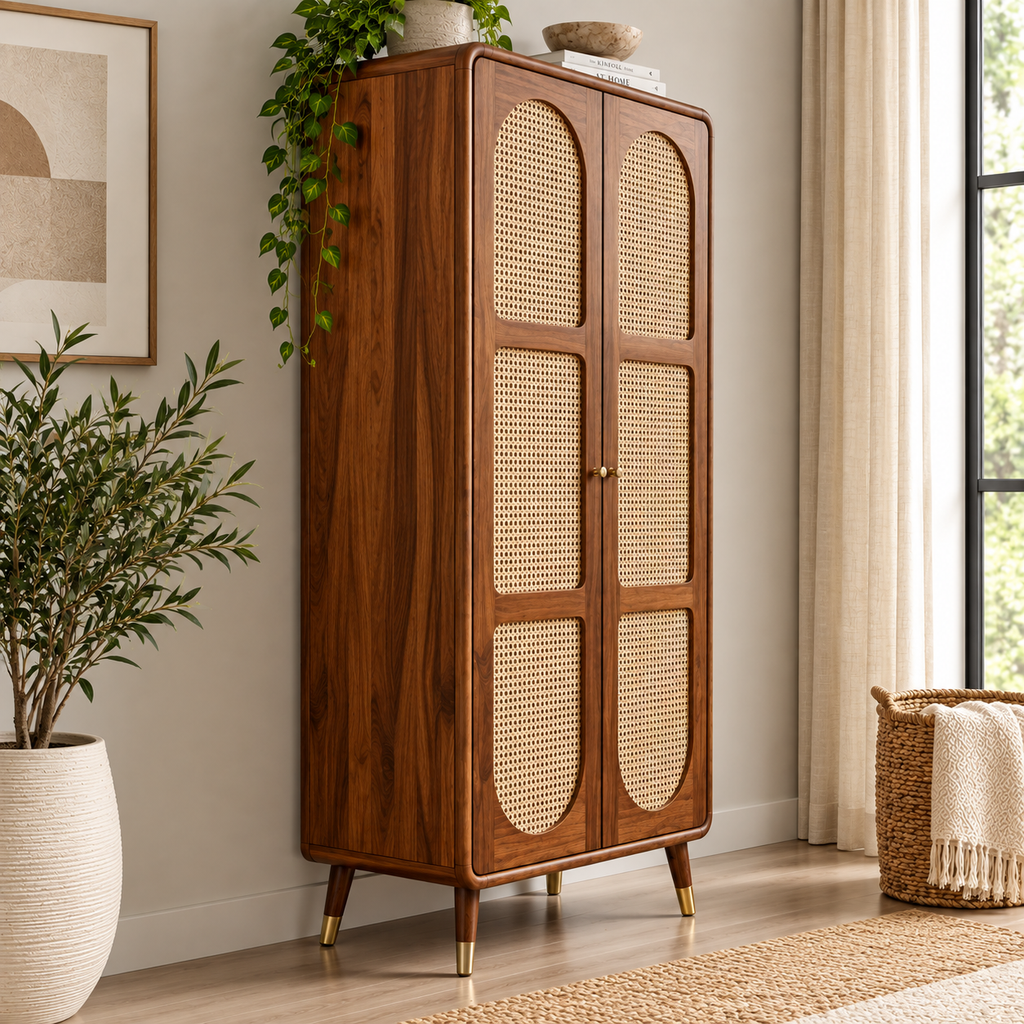 Modern Sheesham Wood Arched Cane Door Wardrobe