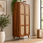 Modern Sheesham Wood Arched Cane Door Wardrobe