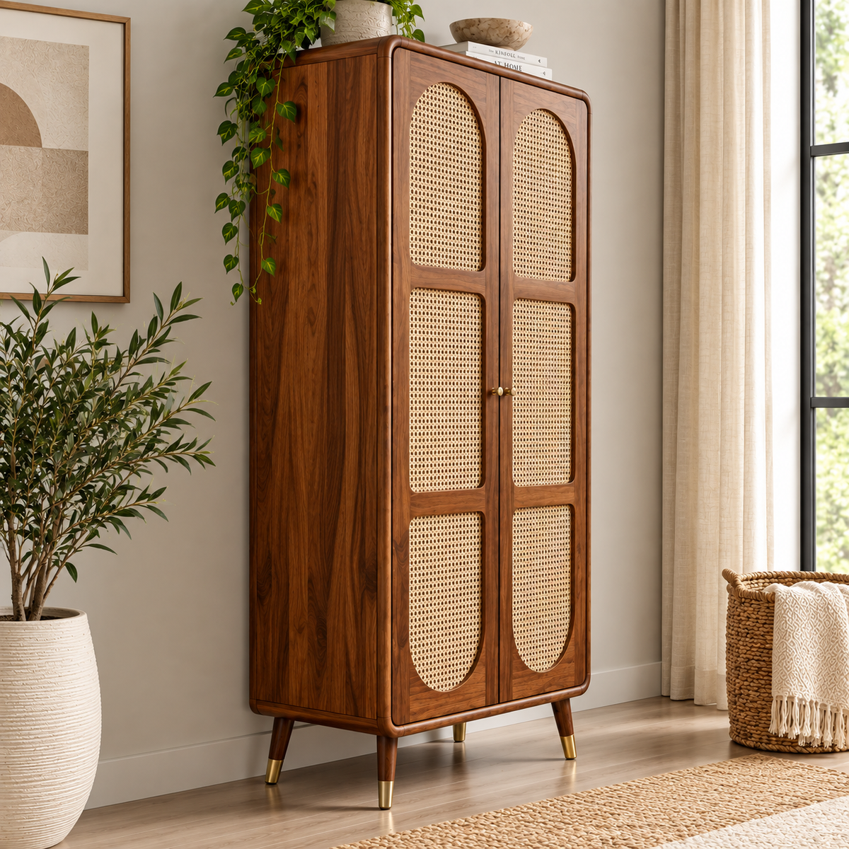 Modern Sheesham Wood Arched Cane Door Wardrobe