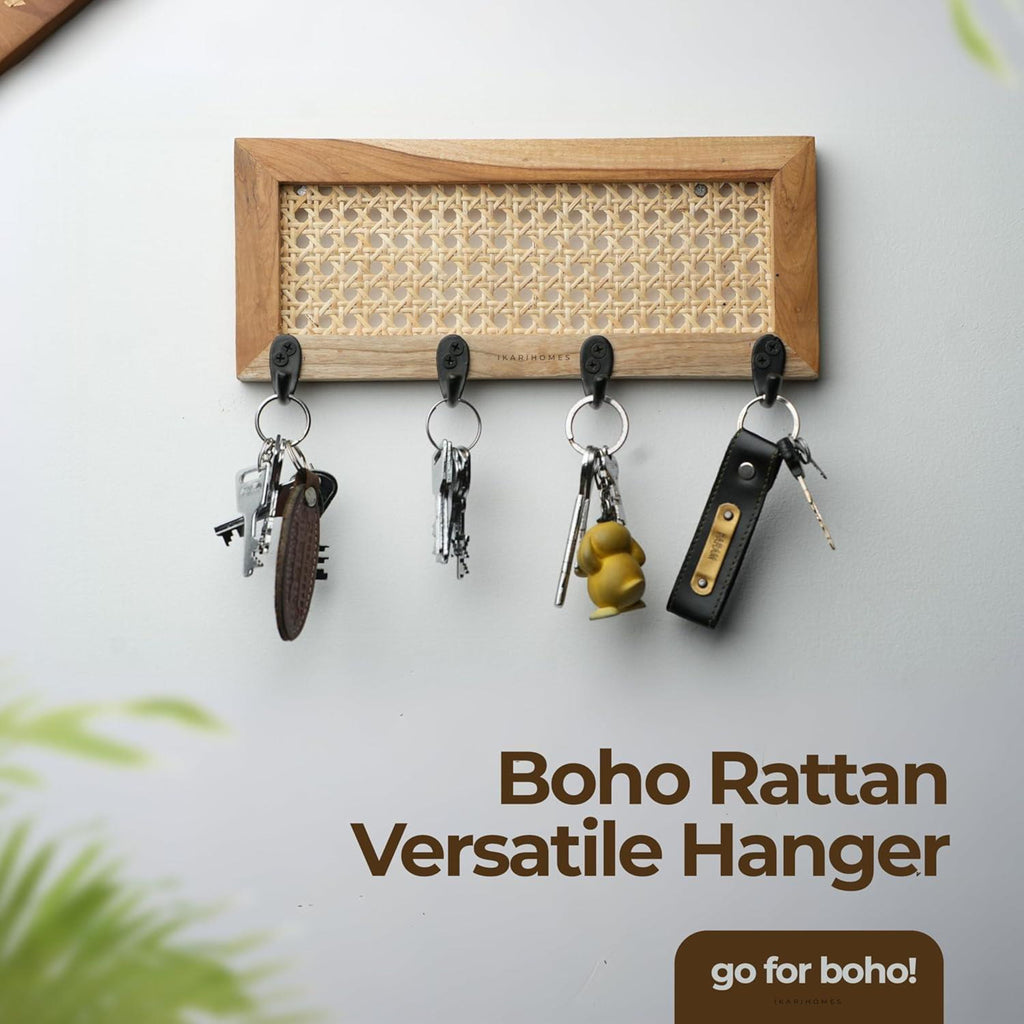 Natural Rattan Wooden Wall Key Holder Rack- Set Of 2