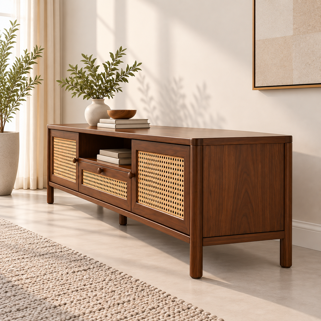 Braxton Contemporary Solid Wood TV Unit with Handwoven Cane Doors and Drawer