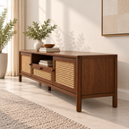 Braxton Contemporary Solid Wood TV Unit with Handwoven Cane Doors and Drawer
