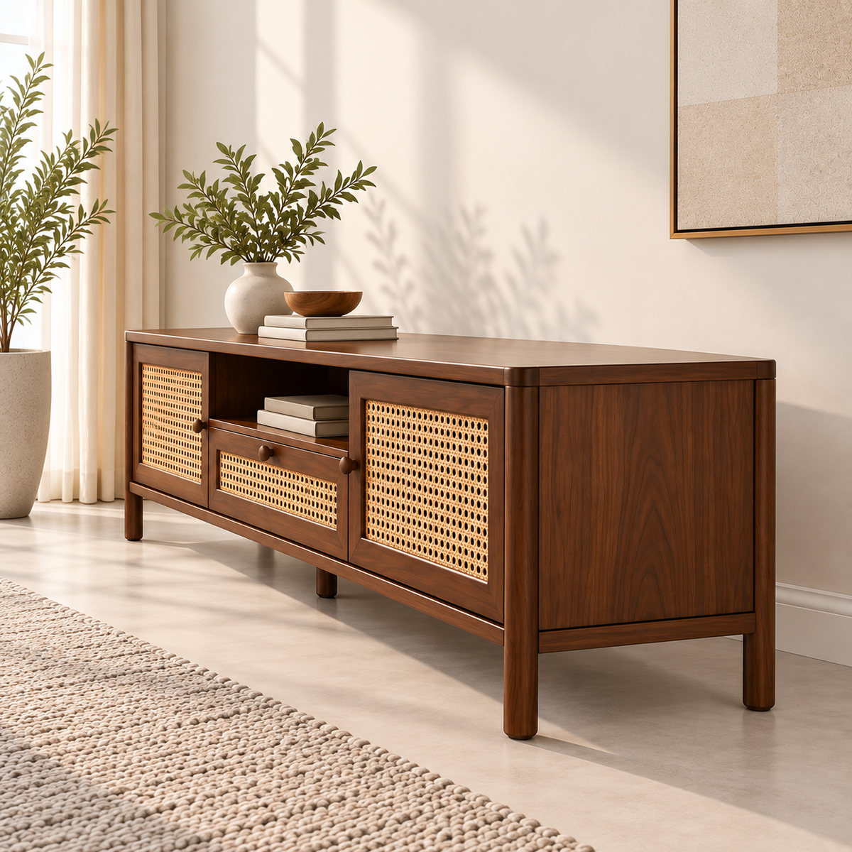 Braxton Contemporary Solid Wood TV Unit with Handwoven Cane Doors and Drawer