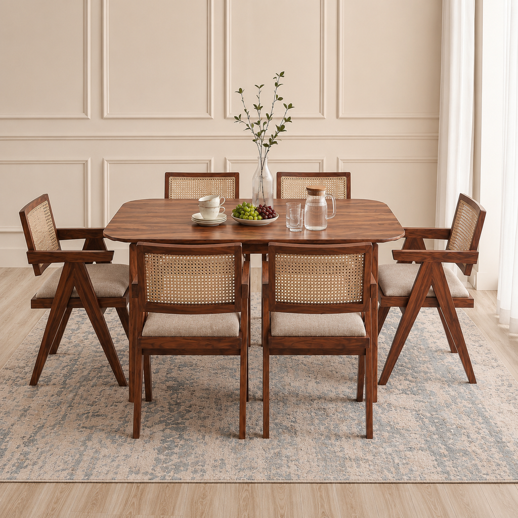 Astera Sheesham Wood 6 Seater Dining Set with Natural Cane Chairs